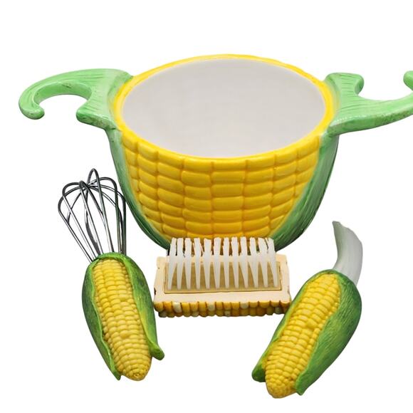 Boston Warehouse Ceramic Corn On The Cob Butter Bowl Warmer Spreader Brush Whisk - Picture 2 of 7